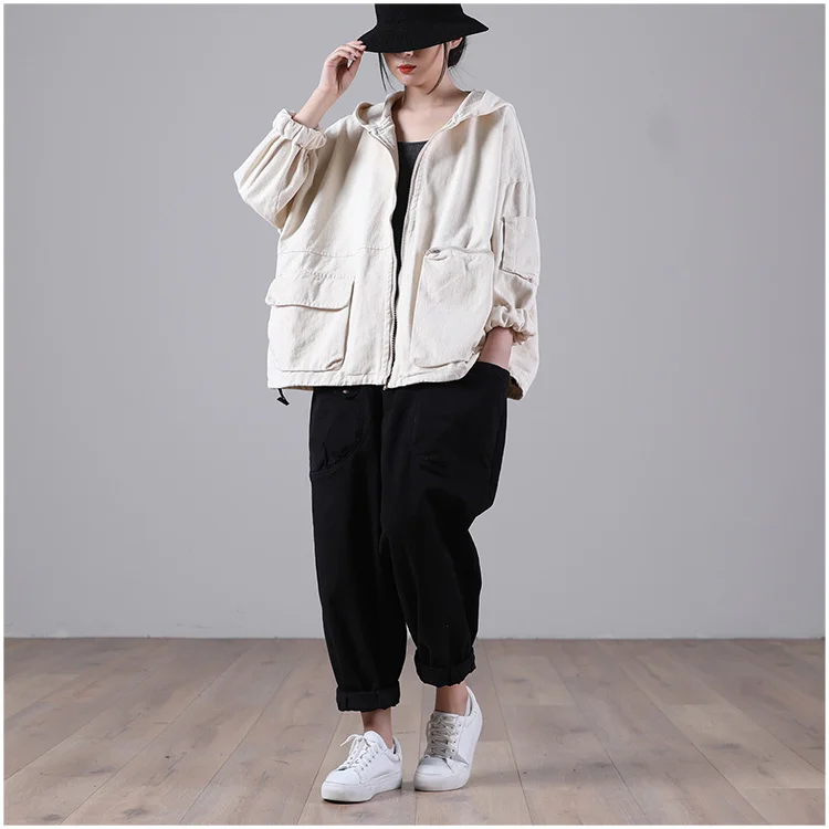 Amax luluE Autumn New Jacket 2024 Women White Hooded Zipper Coat Casual Loose Streetwear Female Pockets Vintage Harajuku Clothes