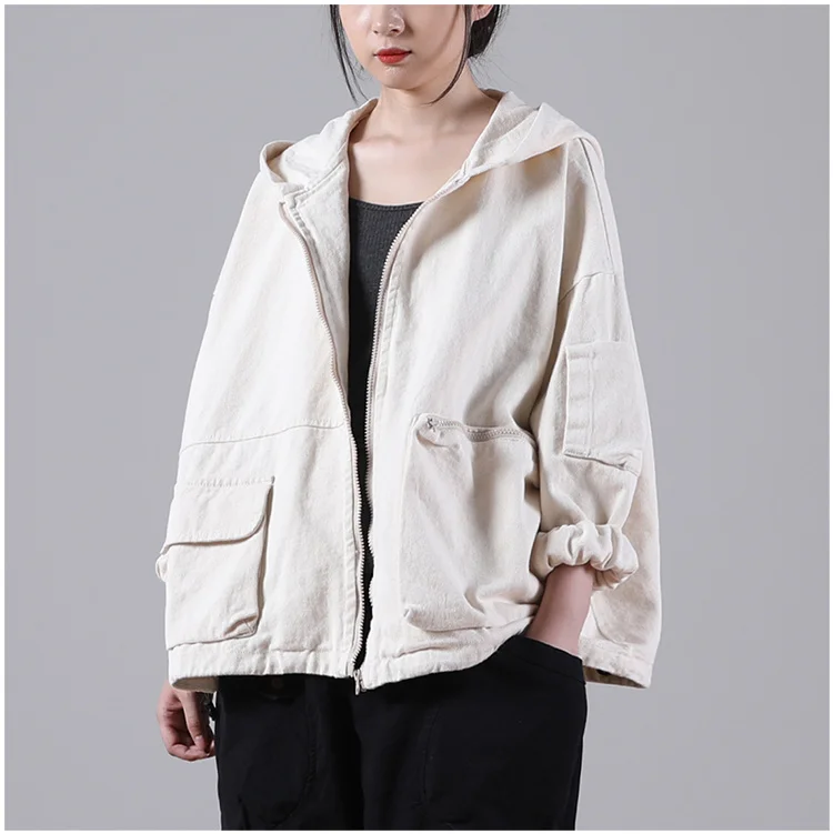 Amax luluE Autumn New Jacket 2024 Women White Hooded Zipper Coat Casual Loose Streetwear Female Pockets Vintage Harajuku Clothes