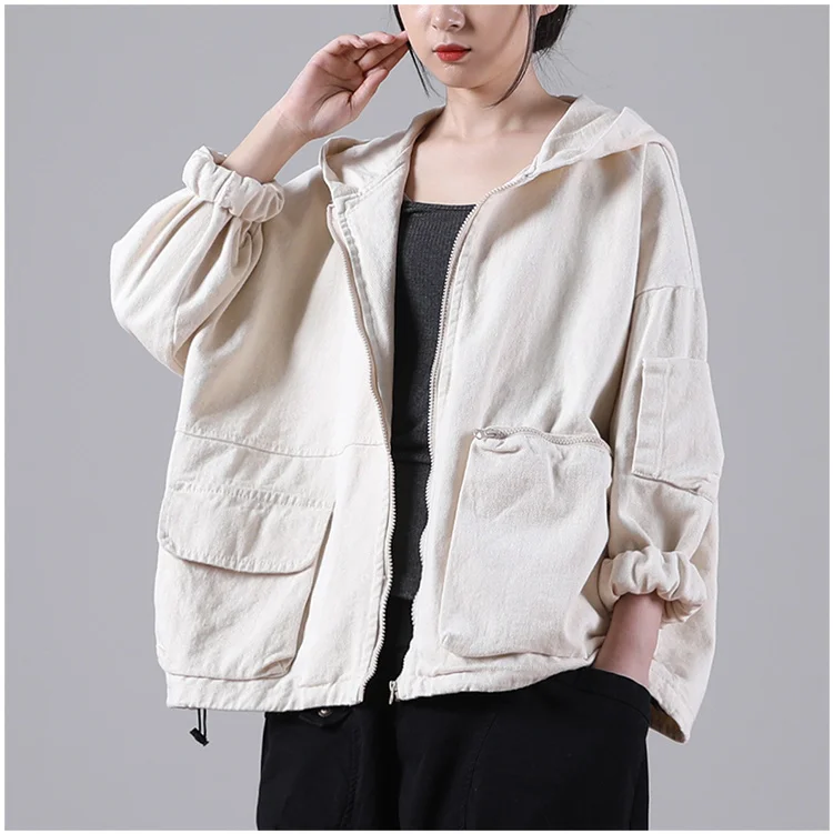 Amax luluE Autumn New Jacket 2024 Women White Hooded Zipper Coat Casual Loose Streetwear Female Pockets Vintage Harajuku Clothes