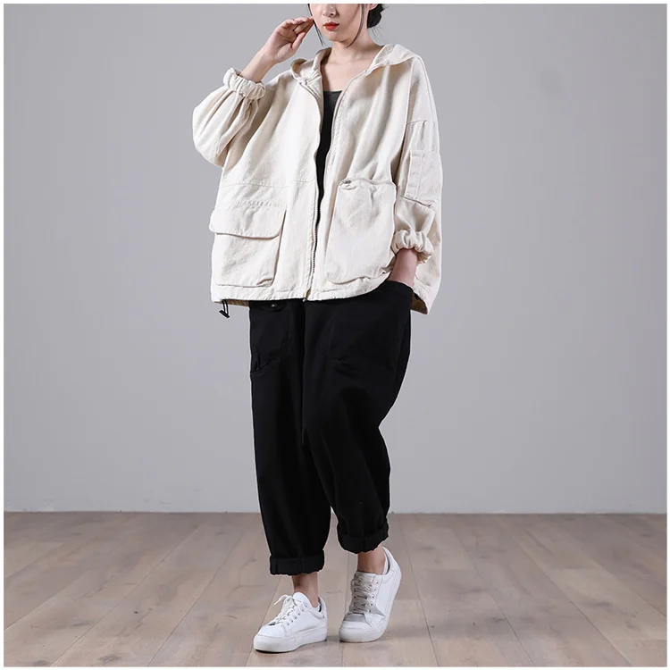 Amax luluE Autumn New Jacket 2024 Women White Hooded Zipper Coat Casual Loose Streetwear Female Pockets Vintage Harajuku Clothes
