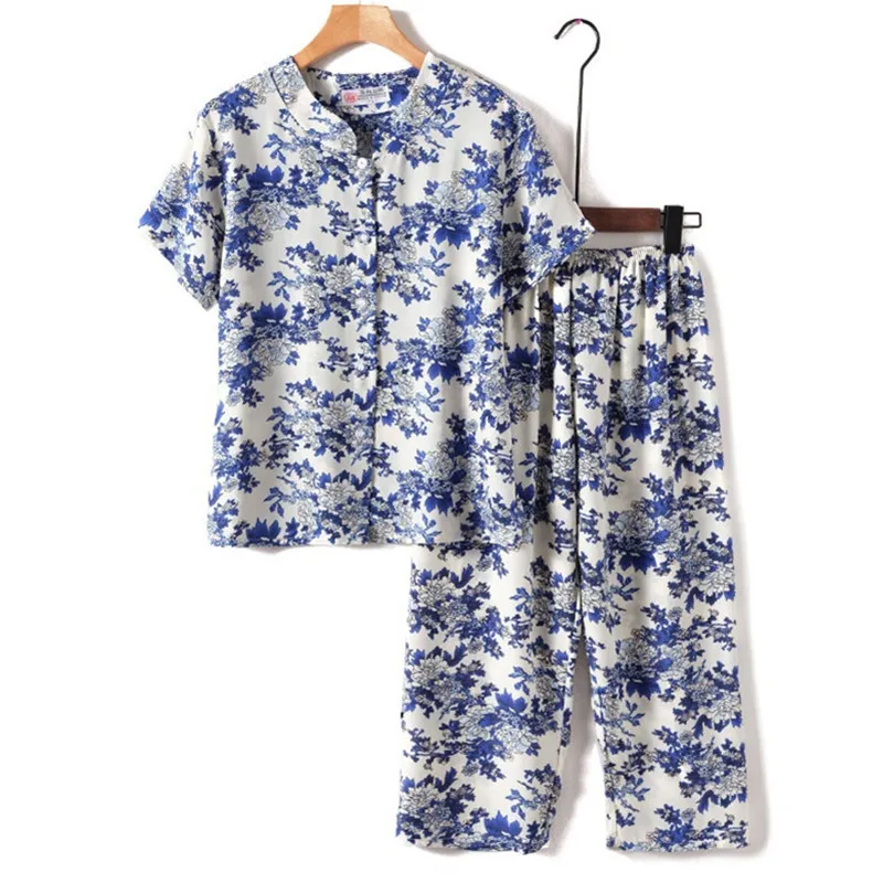 UHYTGF Middle-Aged Elderly Womens Suit Fashion Printing Casual Thin Summer Two-Piece Set Comfortable 3XL Big Size Tracksuit 1378