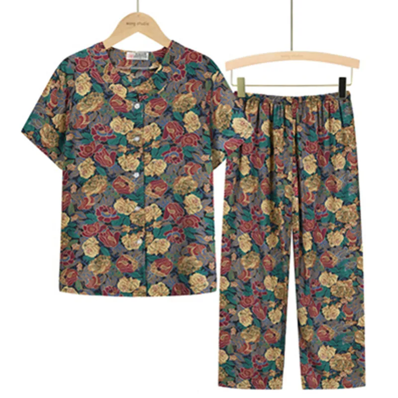 UHYTGF Middle-Aged Elderly Womens Suit Fashion Printing Casual Thin Summer Two-Piece Set Comfortable 3XL Big Size Tracksuit 1378