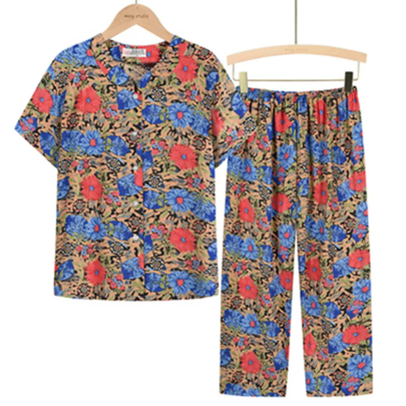 UHYTGF Middle-Aged Elderly Womens Suit Fashion Printing Casual Thin Summer Two-Piece Set Comfortable 3XL Big Size Tracksuit 1378