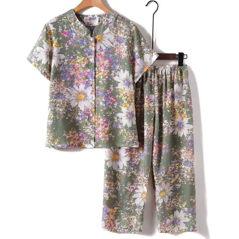 UHYTGF Middle-Aged Elderly Womens Suit Fashion Printing Casual Thin Summer Two-Piece Set Comfortable 3XL Big Size Tracksuit 1378