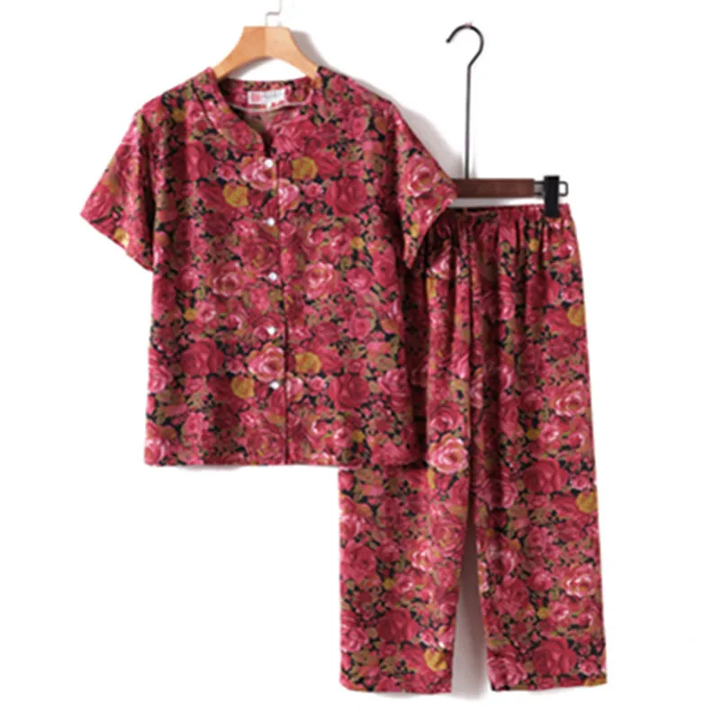 UHYTGF Middle-Aged Elderly Womens Suit Fashion Printing Casual Thin Summer Two-Piece Set Comfortable 3XL Big Size Tracksuit 1378