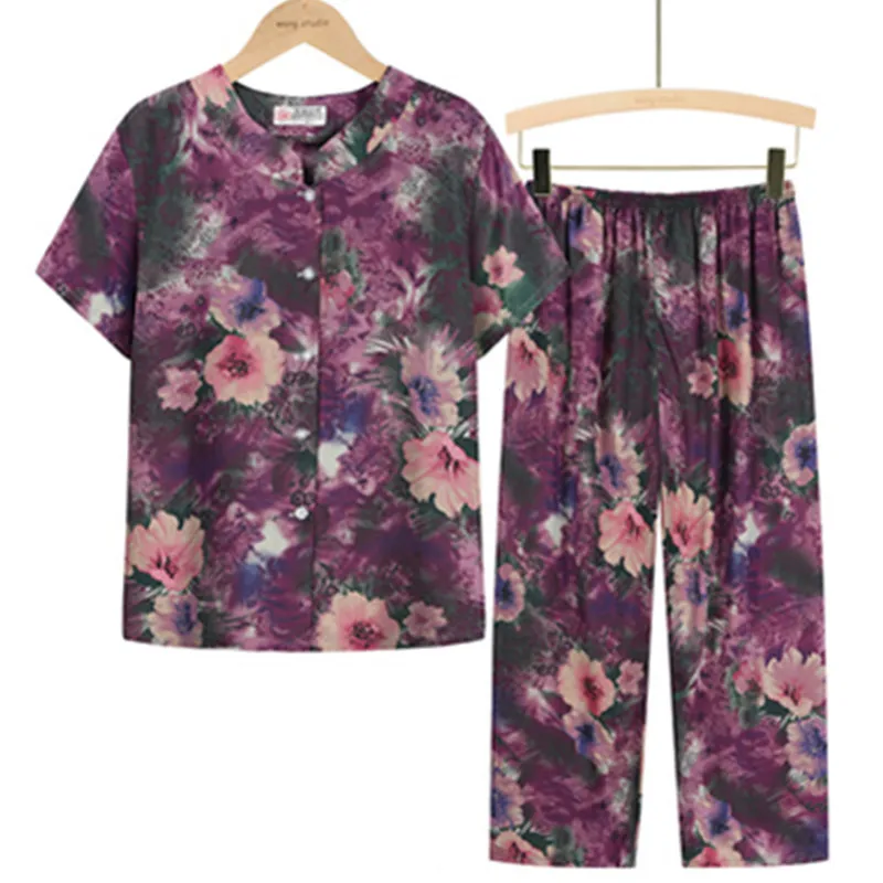 UHYTGF Middle-Aged Elderly Womens Suit Fashion Printing Casual Thin Summer Two-Piece Set Comfortable 3XL Big Size Tracksuit 1378