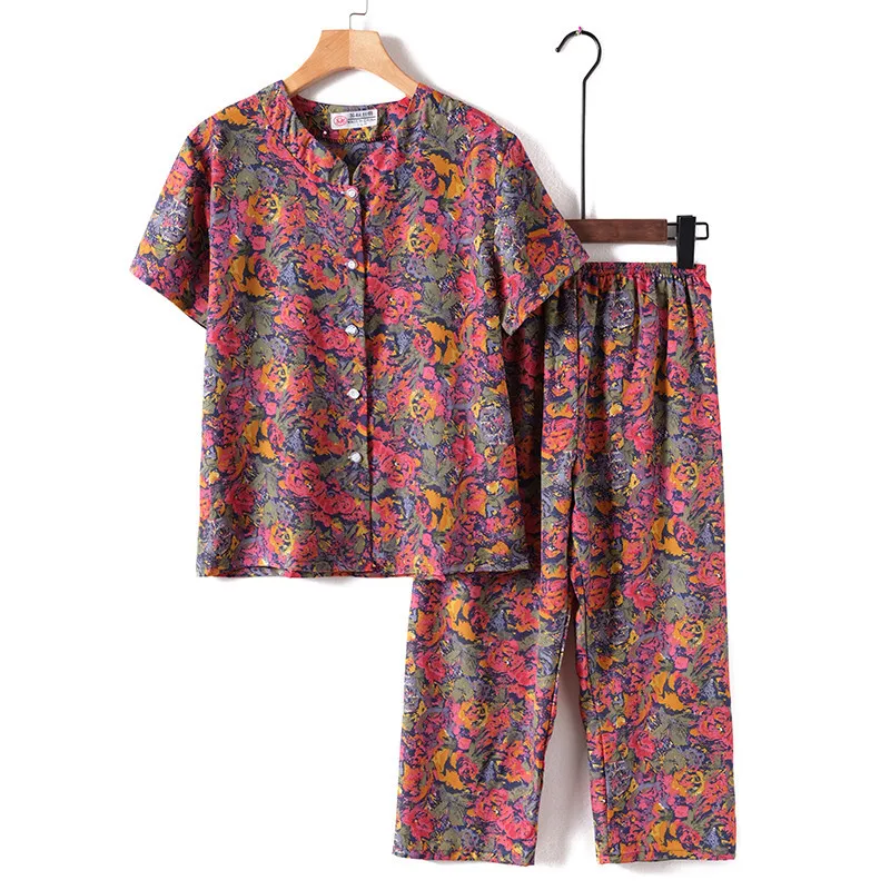 UHYTGF Middle-Aged Elderly Womens Suit Fashion Printing Casual Thin Summer Two-Piece Set Comfortable 3XL Big Size Tracksuit 1378