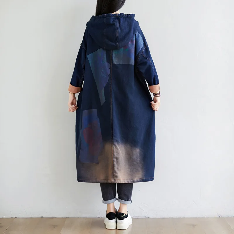 Amax luluE 2024 Autumn Korean Luxury Brand Ladies Vintage Demin Coats Women Casual Printed Trenches Hooded Oversized Windbreaker