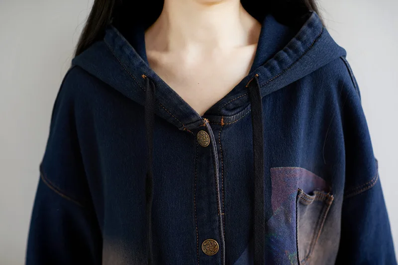 Amax luluE 2024 Autumn Korean Luxury Brand Ladies Vintage Demin Coats Women Casual Printed Trenches Hooded Oversized Windbreaker