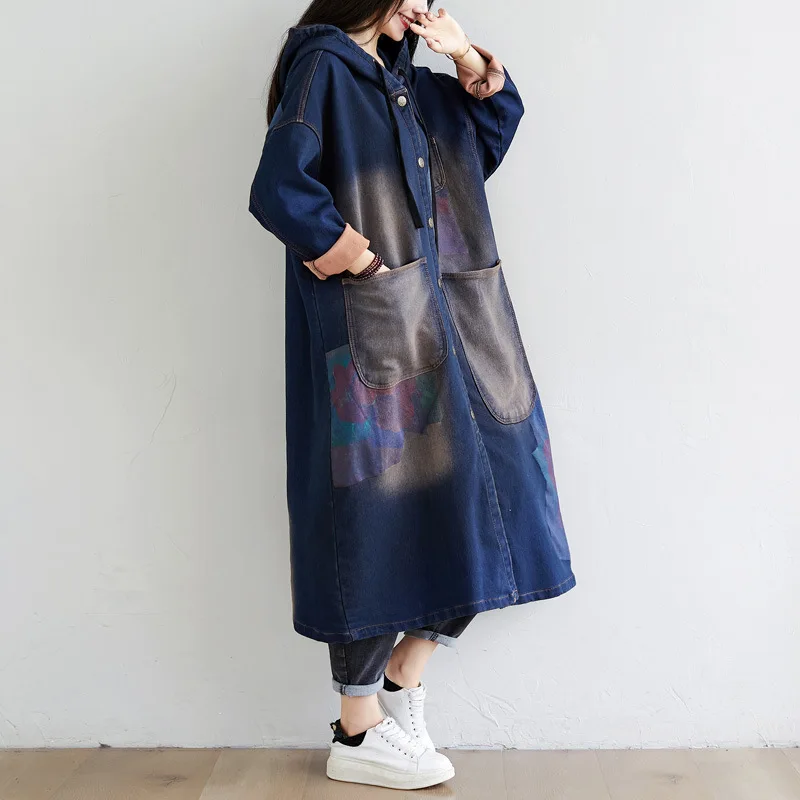 Amax luluE 2024 Autumn Korean Luxury Brand Ladies Vintage Demin Coats Women Casual Printed Trenches Hooded Oversized Windbreaker