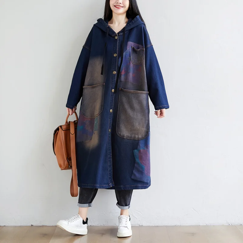 Amax luluE 2024 Autumn Korean Luxury Brand Ladies Vintage Demin Coats Women Casual Printed Trenches Hooded Oversized Windbreaker