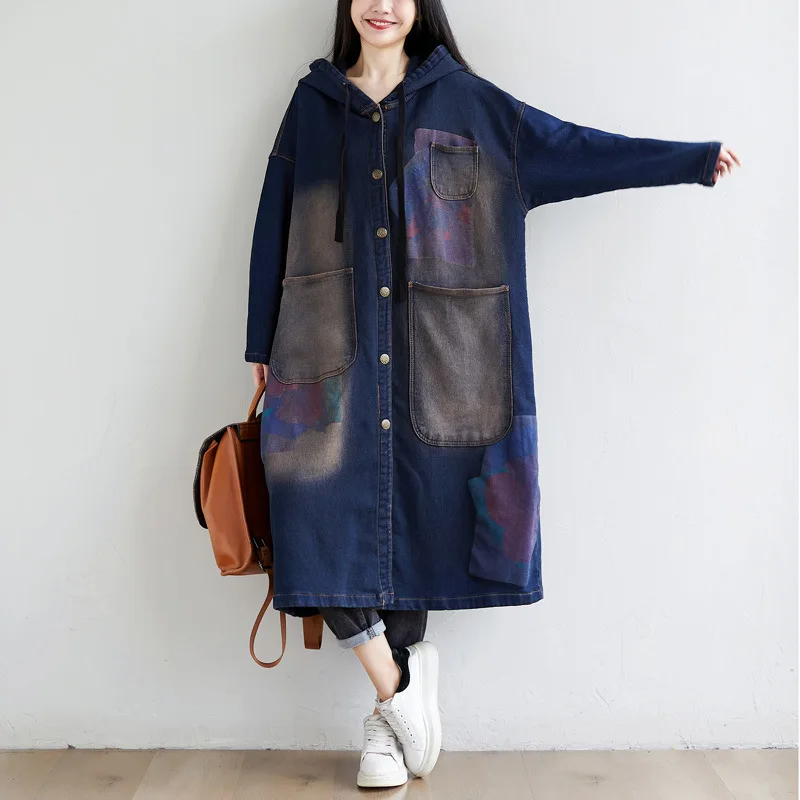 Amax luluE 2024 Autumn Korean Luxury Brand Ladies Vintage Demin Coats Women Casual Printed Trenches Hooded Oversized Windbreaker