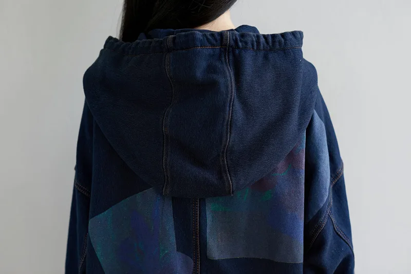 Amax luluE 2024 Autumn Korean Luxury Brand Ladies Vintage Demin Coats Women Casual Printed Trenches Hooded Oversized Windbreaker