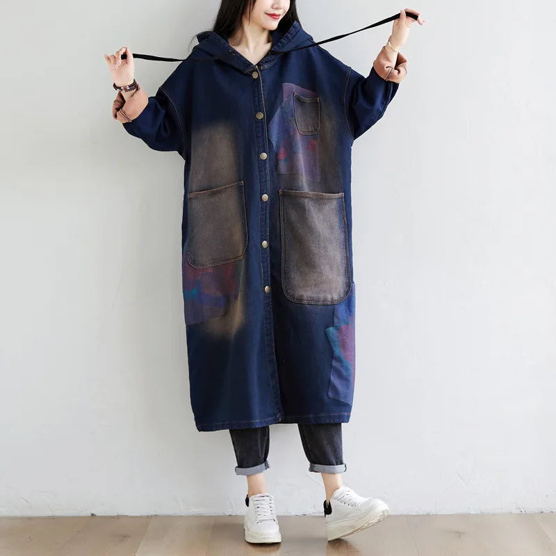 Amax luluE 2024 Autumn Korean Luxury Brand Ladies Vintage Demin Coats Women Casual Printed Trenches Hooded Oversized Windbreaker