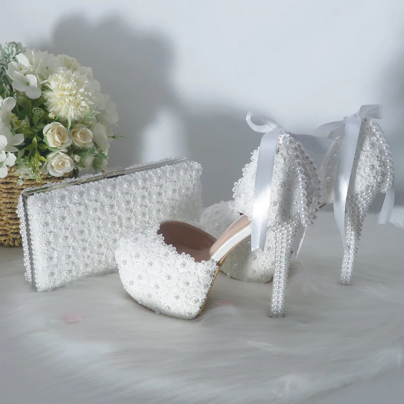 BaoYaFang Tassel pearl Fashion wedding shoes and bags Bride High heels Platform shoes ladies ankle strap party dress shoes woman