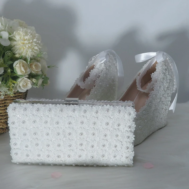 BaoYaFang Tassel pearl Fashion wedding shoes and bags Bride High heels Platform shoes ladies ankle strap party dress shoes woman