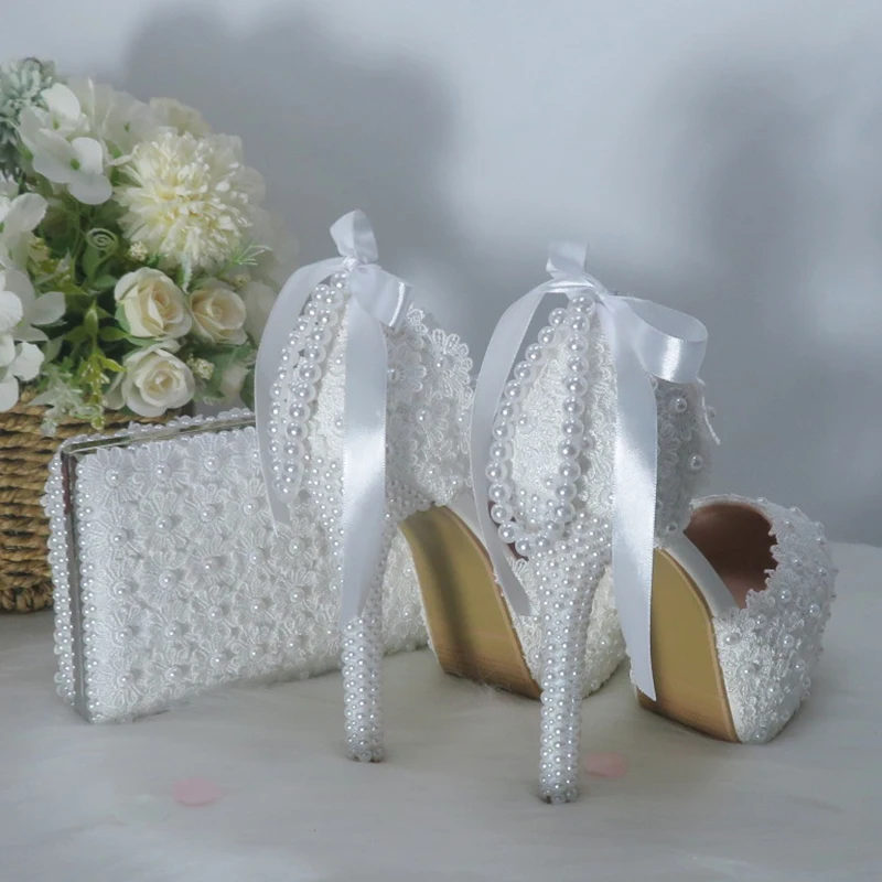 BaoYaFang Tassel pearl Fashion wedding shoes and bags Bride High heels Platform shoes ladies ankle strap party dress shoes woman