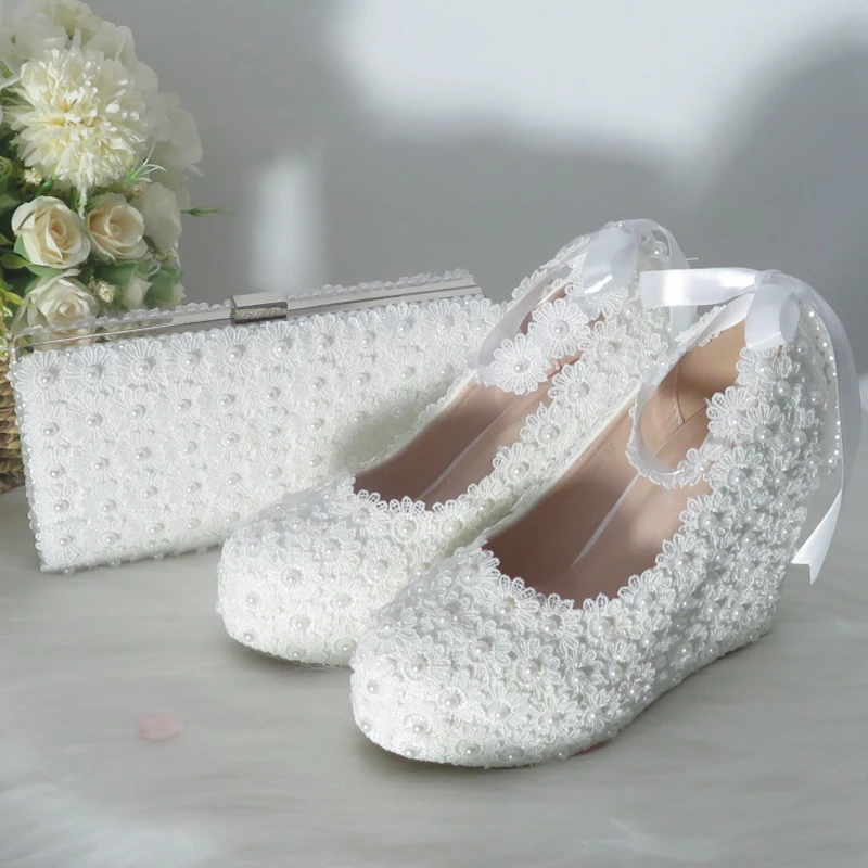 BaoYaFang Tassel pearl Fashion wedding shoes and bags Bride High heels Platform shoes ladies ankle strap party dress shoes woman