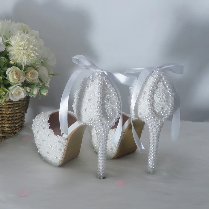 BaoYaFang Tassel pearl Fashion wedding shoes and bags Bride High heels Platform shoes ladies ankle strap party dress shoes woman