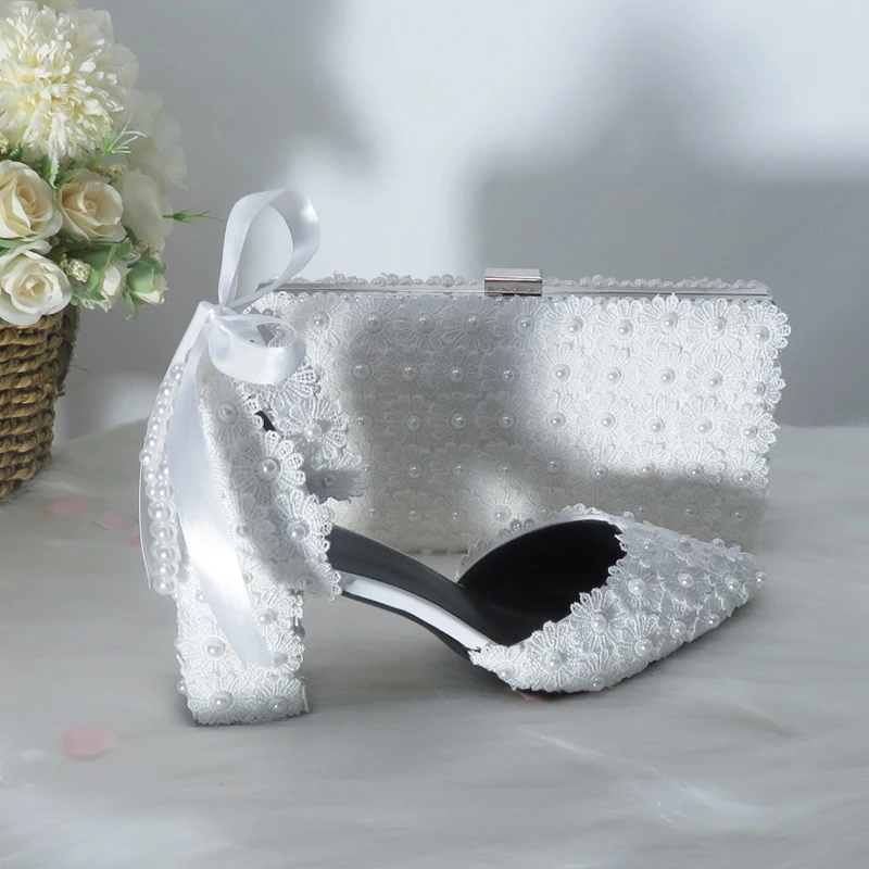 BaoYaFang Tassel pearl Fashion wedding shoes and bags Bride High heels Platform shoes ladies ankle strap party dress shoes woman