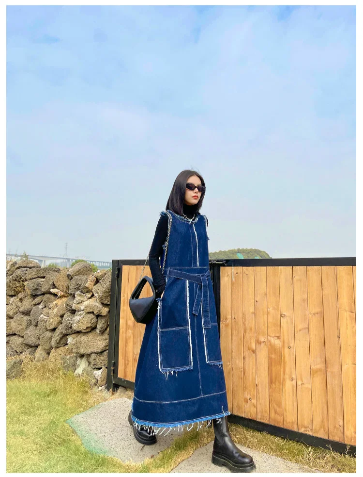 Amax LuluE Korean Luxury Fashion Spring Women Vintage Denim Vest Dress Ladies Casual Sleeveless Vestido Female Oversized Clothes