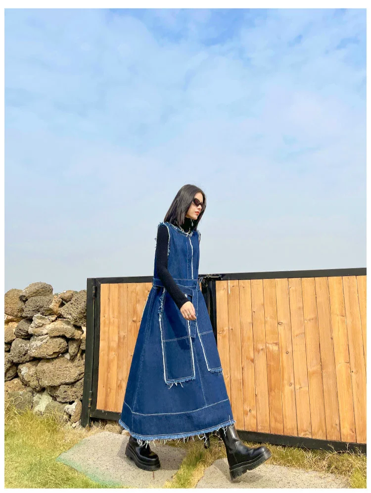 Amax LuluE Korean Luxury Fashion Spring Women Vintage Denim Vest Dress Ladies Casual Sleeveless Vestido Female Oversized Clothes