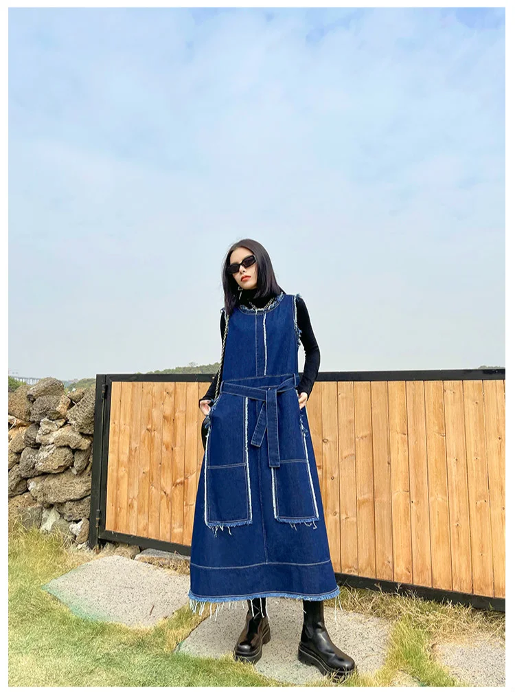 Amax LuluE Korean Luxury Fashion Spring Women Vintage Denim Vest Dress Ladies Casual Sleeveless Vestido Female Oversized Clothes
