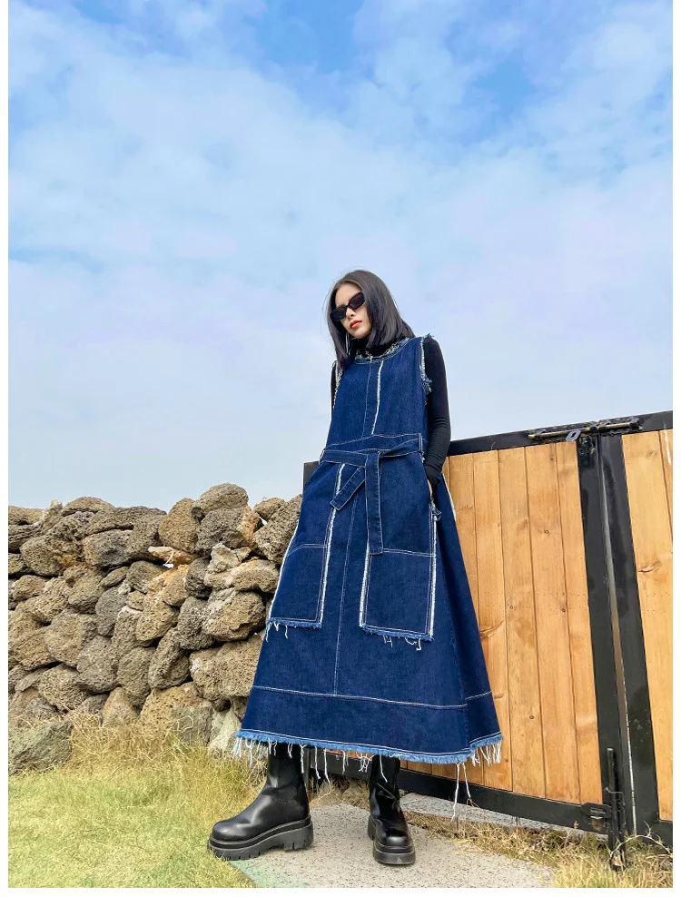 Amax LuluE Korean Luxury Fashion Spring Women Vintage Denim Vest Dress Ladies Casual Sleeveless Vestido Female Oversized Clothes