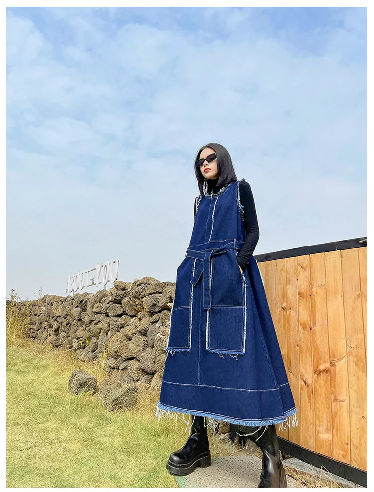 Amax LuluE Korean Luxury Fashion Spring Women Vintage Denim Vest Dress Ladies Casual Sleeveless Vestido Female Oversized Clothes