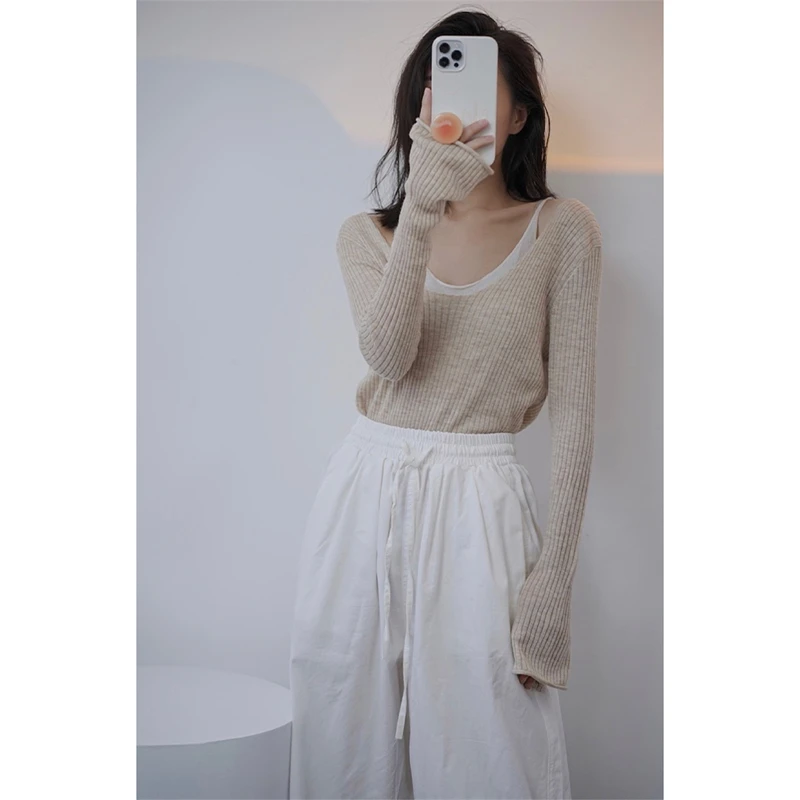 LMQ NEW Women Off Shoulder Fake Two Pieces Of Thin Knitted Pullovers Patchwork With Clavicle Exposed All-Match Solid Tops Chic