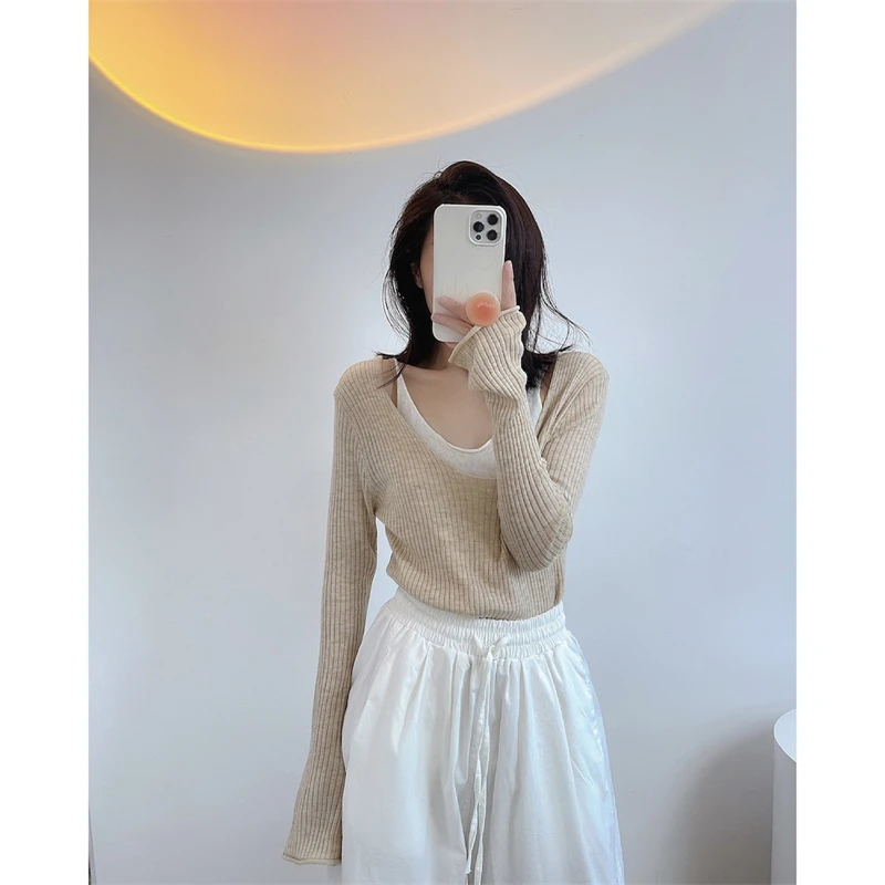 LMQ NEW Women Off Shoulder Fake Two Pieces Of Thin Knitted Pullovers Patchwork With Clavicle Exposed All-Match Solid Tops Chic