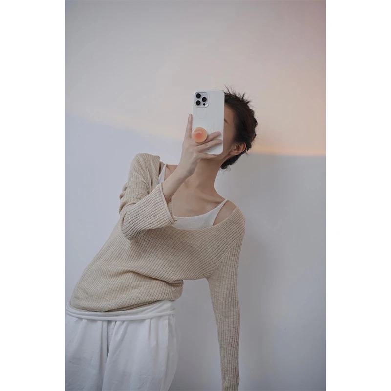 LMQ NEW Women Off Shoulder Fake Two Pieces Of Thin Knitted Pullovers Patchwork With Clavicle Exposed All-Match Solid Tops Chic