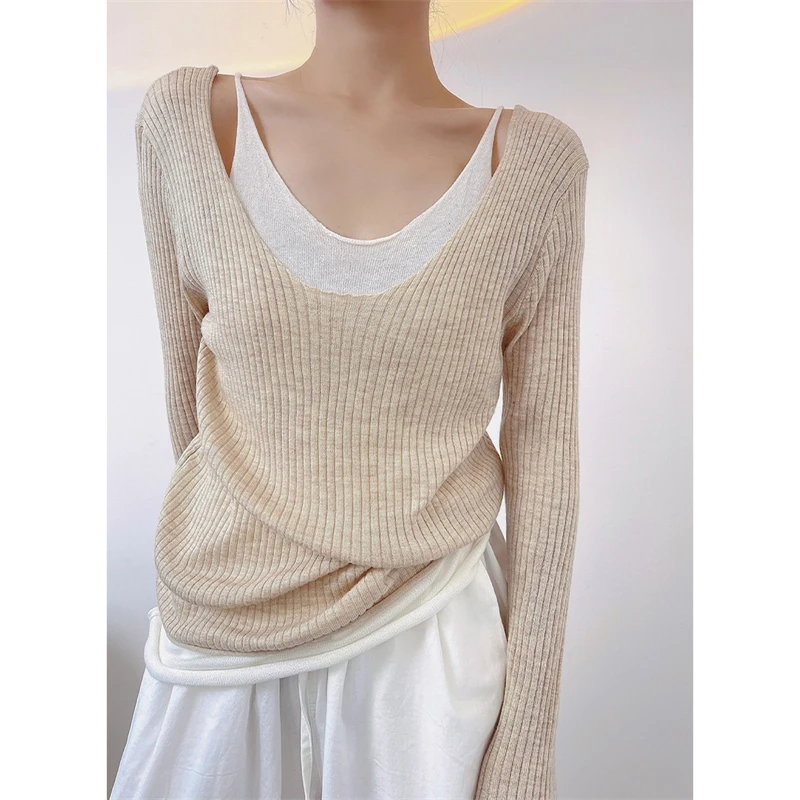 LMQ NEW Women Off Shoulder Fake Two Pieces Of Thin Knitted Pullovers Patchwork With Clavicle Exposed All-Match Solid Tops Chic