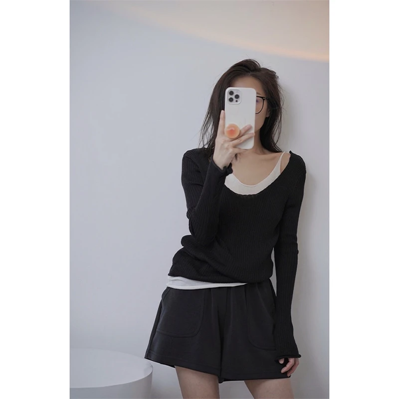 LMQ NEW Women Off Shoulder Fake Two Pieces Of Thin Knitted Pullovers Patchwork With Clavicle Exposed All-Match Solid Tops Chic