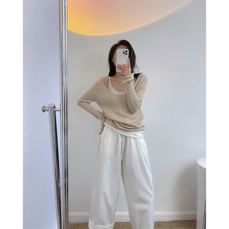LMQ NEW Women Off Shoulder Fake Two Pieces Of Thin Knitted Pullovers Patchwork With Clavicle Exposed All-Match Solid Tops Chic