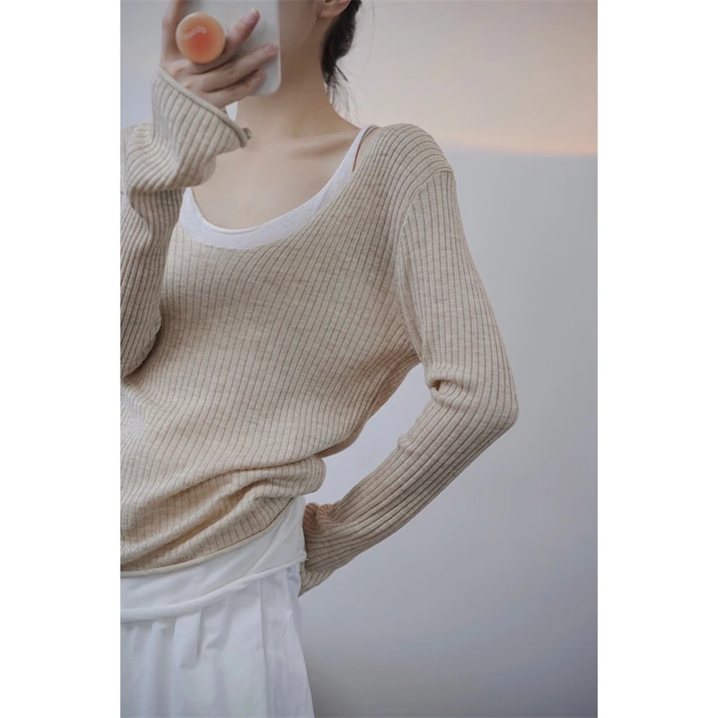 LMQ NEW Women Off Shoulder Fake Two Pieces Of Thin Knitted Pullovers Patchwork With Clavicle Exposed All-Match Solid Tops Chic
