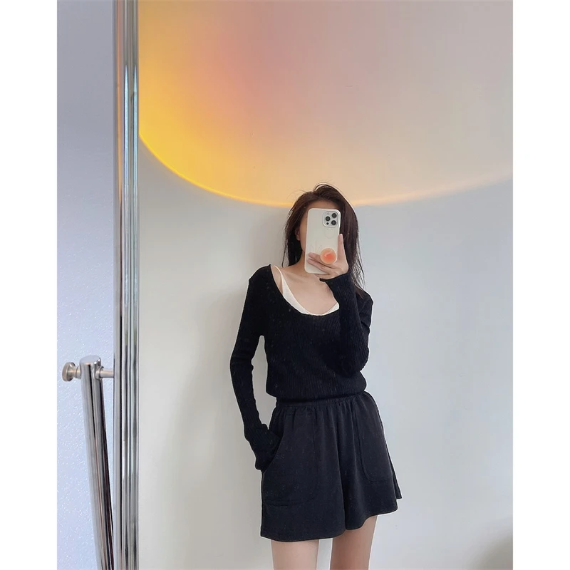 LMQ NEW Women Off Shoulder Fake Two Pieces Of Thin Knitted Pullovers Patchwork With Clavicle Exposed All-Match Solid Tops Chic