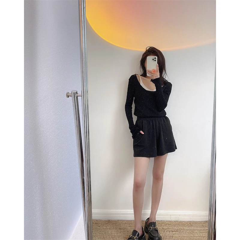 LMQ NEW Women Off Shoulder Fake Two Pieces Of Thin Knitted Pullovers Patchwork With Clavicle Exposed All-Match Solid Tops Chic