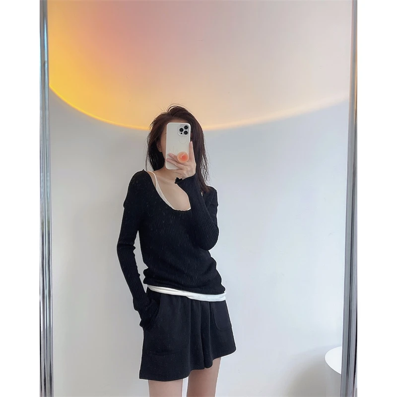 LMQ NEW Women Off Shoulder Fake Two Pieces Of Thin Knitted Pullovers Patchwork With Clavicle Exposed All-Match Solid Tops Chic