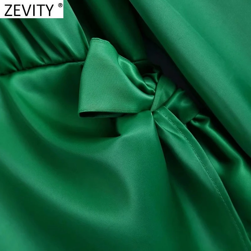 ZEVITY Women Fashion Half High Collar Side Bow Tied Green Soft Satin Mini Dress Female Chic Irregular Hem Party Vestidos DS9085