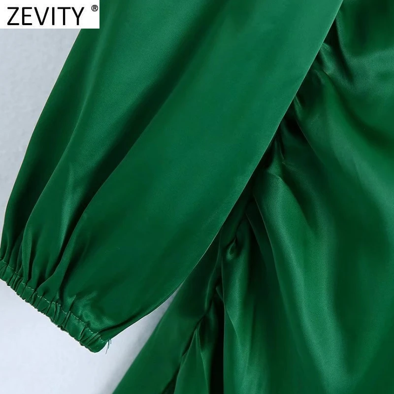 ZEVITY Women Fashion Half High Collar Side Bow Tied Green Soft Satin Mini Dress Female Chic Irregular Hem Party Vestidos DS9085