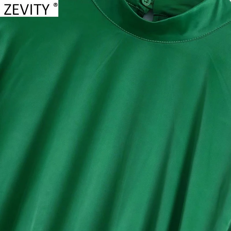 ZEVITY Women Fashion Half High Collar Side Bow Tied Green Soft Satin Mini Dress Female Chic Irregular Hem Party Vestidos DS9085