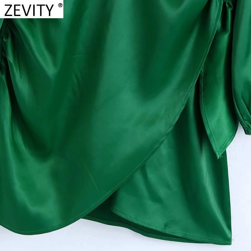 ZEVITY Women Fashion Half High Collar Side Bow Tied Green Soft Satin Mini Dress Female Chic Irregular Hem Party Vestidos DS9085