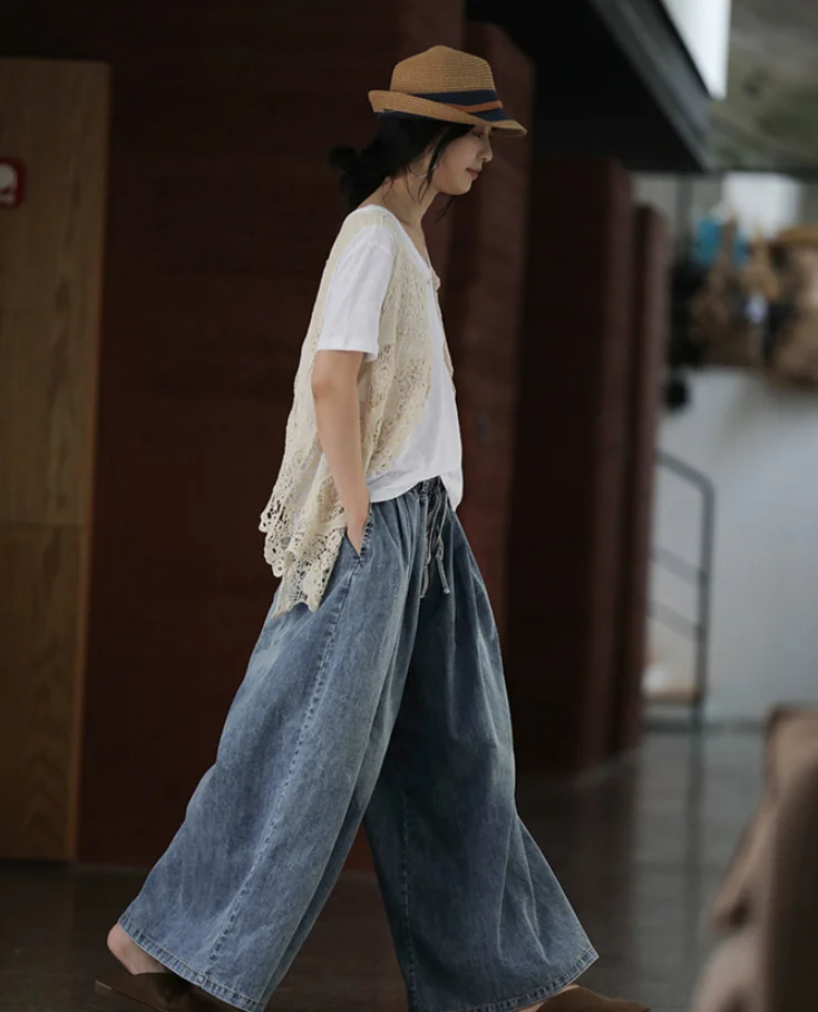 AmaxluluE 2025 Spring Harajuku Design Womens Wide Leg Pants Vintage Loose Female Denim Pants Korean Pockets Leisure Blue Jeans