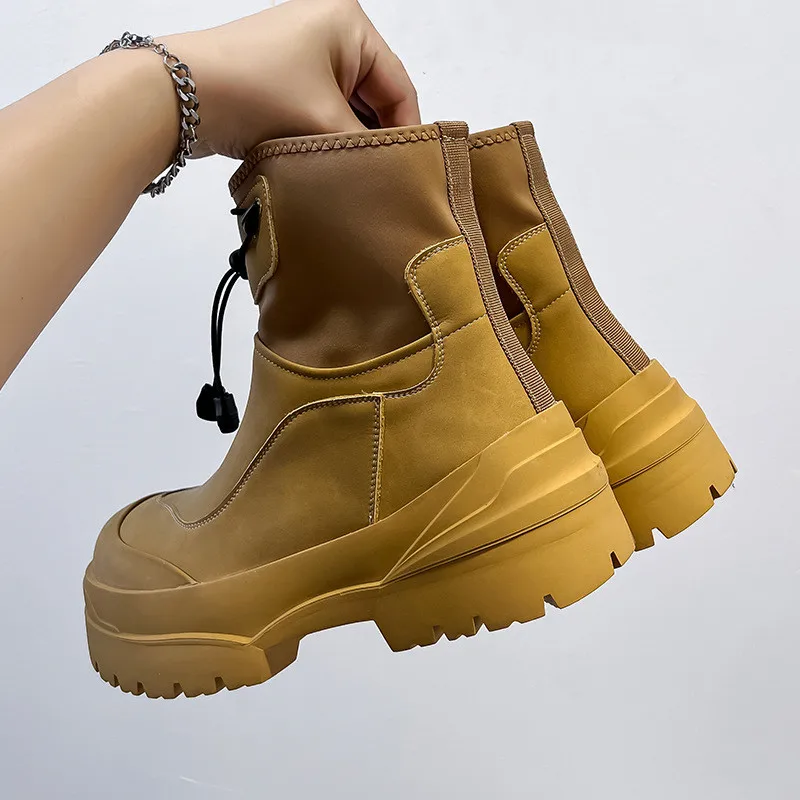 Korean style mens fashion genuine leather boots black tide platform shoes handsome cowboy ankle boot spring autumn botas hombre