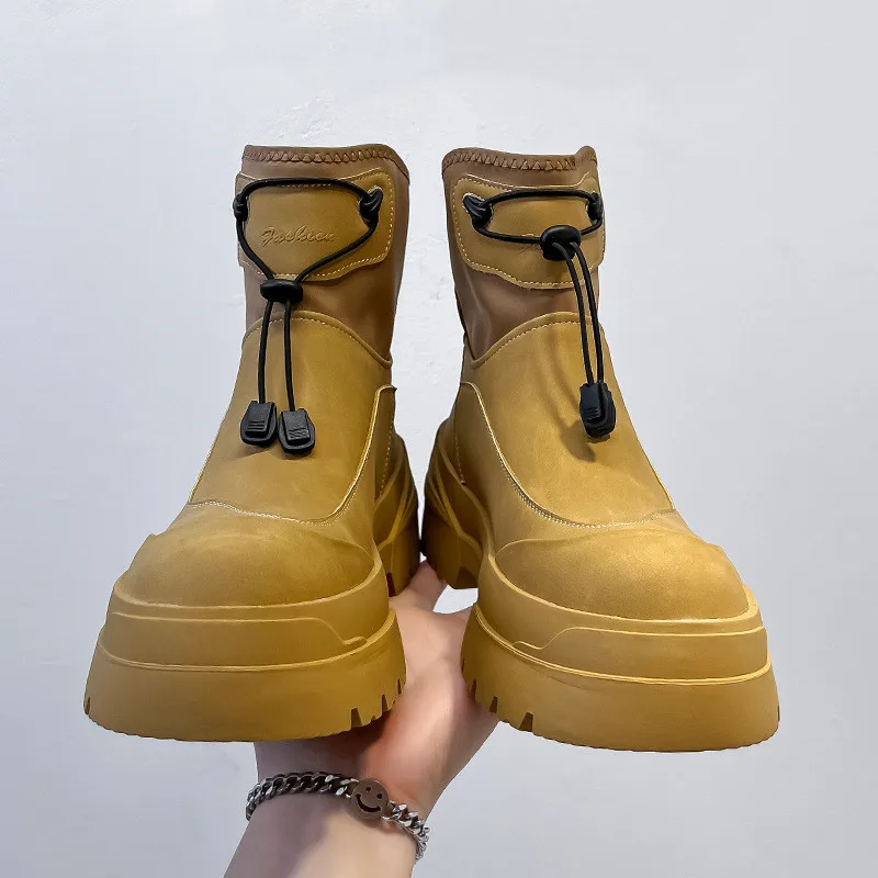 Korean style mens fashion genuine leather boots black tide platform shoes handsome cowboy ankle boot spring autumn botas hombre