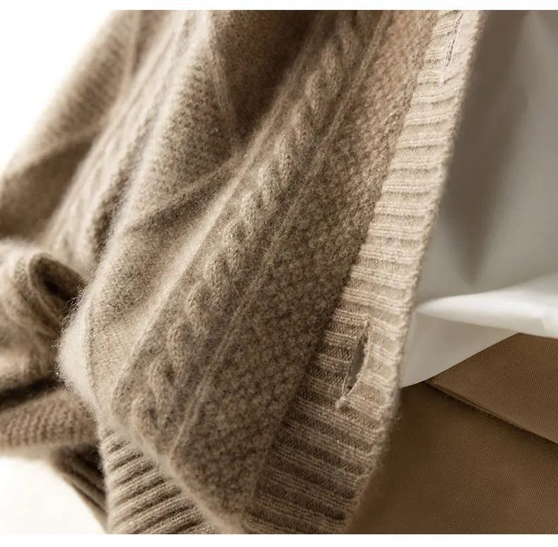 2021 autumn/winter new cashmere sweater Women's round neck cardigan sweater coat twist loose large size knit 100% wool