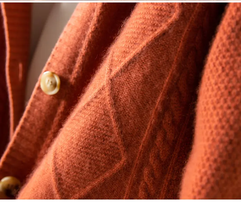 2021 autumn/winter new cashmere sweater Women's round neck cardigan sweater coat twist loose large size knit 100% wool