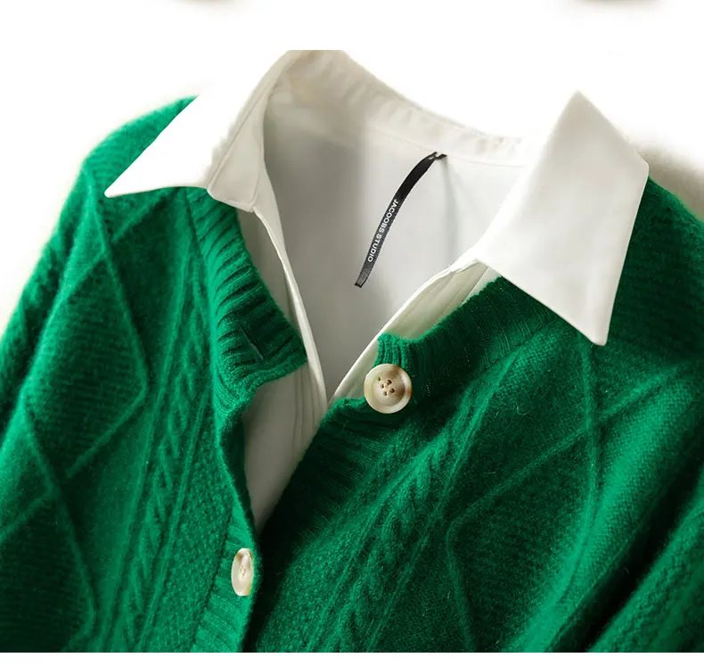 2021 autumn/winter new cashmere sweater Women's round neck cardigan sweater coat twist loose large size knit 100% wool