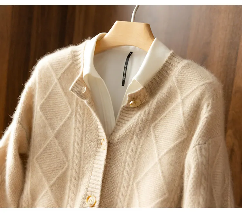 2021 autumn/winter new cashmere sweater Women's round neck cardigan sweater coat twist loose large size knit 100% wool